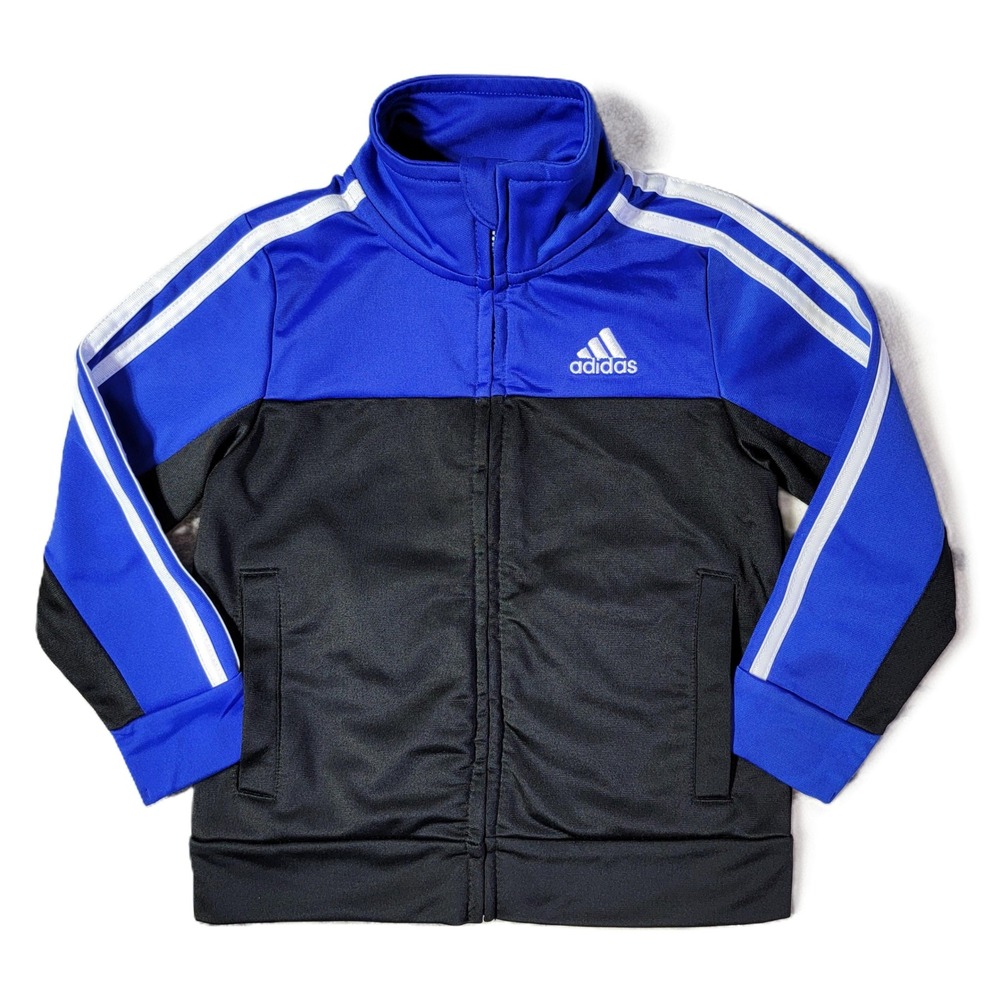 Adidas Track Jacket Boys Size 2T Blue Black White Tricot Zip Up Athletic Ful Zip